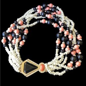 1970’s Kenneth Lane 6 Strand Pearl & Beaded Collar Necklace (t80)